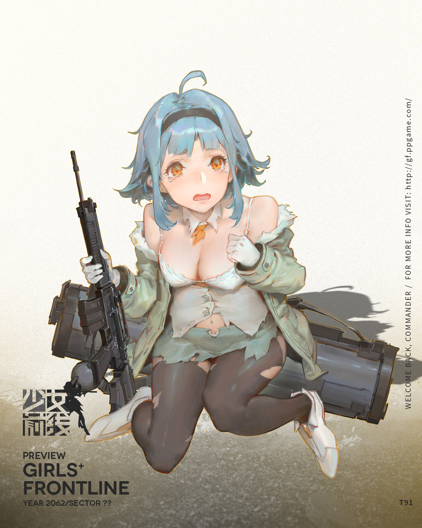 3: ahoge assault_rifle bangs bare_shoulders black_legwear blue_hair blush boots breasts character_name cleavage coat copyright_name fang full_body fur_trim girls_frontline gun hairband highres holding holding_gun holding_weapon krenz looking_at_viewer medium_breasts official_art open_clothes open_coat open_mouth orange_eyes rifle shirt short_hair sidelocks solo squatting t91_(girls_frontline) t91_assault_rifle tears thighhighs torn_clothes torn_legwear torn_shirt watermark weapon web_address white_footwear