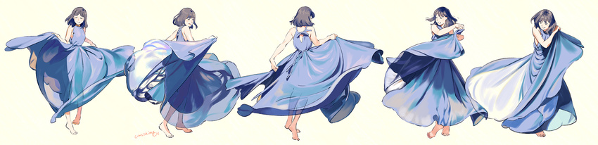 bare_arms barefoot blue_dress breasts brown_hair closed_eyes commentary_request dancing dress full_body highres long_dress long_image medium_breasts multiple_views original short_hair signature simple_background skirt_hold smile standing umishima_senbon white_background wide_image