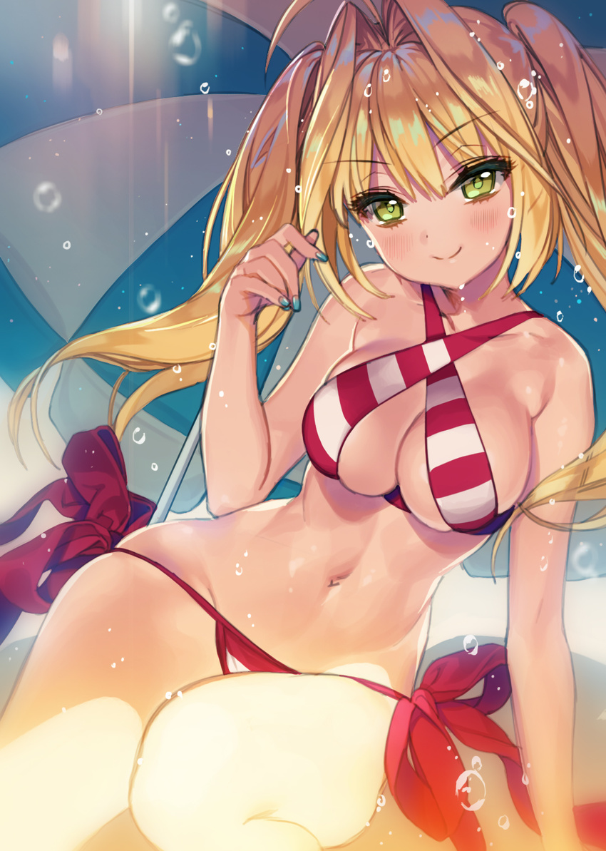ahoge aqua_nails arm_at_side arm_support bangs bare_arms bare_legs bare_shoulders beach beach_umbrella bikini blonde_hair blush breasts cherrypin cleavage closed_mouth collarbone commentary_request cowboy_shot criss-cross_halter day eyebrows_visible_through_hair eyelashes fate/extra fate/grand_order fate_(series) fingernails green_eyes groin hair_between_eyes hair_intakes halter_top halterneck hand_up highres jewelry large_breasts legs_together light_rays long_hair looking_at_viewer medium_breasts nail_polish navel nero_claudius_(fate)_(all) nero_claudius_(swimsuit_caster)_(fate) outdoors side-tie_bikini sidelocks skindentation smile solo stomach striped striped_bikini striped_umbrella swimsuit twintails umbrella underboob water water_drop