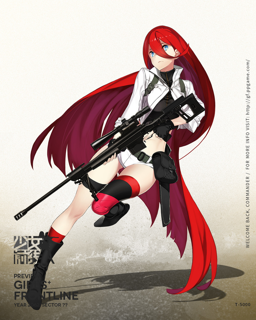 92m bad_proportions bangs belt bipod black_footwear black_gloves blue_eyes boots breasts character_name closed_mouth copyright_name crop_top fingerless_gloves floating_hair full_body girls_frontline gloves gun hair_between_eyes highres jacket knee_boots kneehighs load_bearing_equipment long_hair looking_at_viewer medium_breasts midriff official_art open_clothes open_jacket pouch red_hair rifle scope shadow short_shorts shorts single_kneehigh single_thighhigh sniper_rifle solo t-5000_(girls_frontline) thigh_strap thighhighs trigger_discipline tsurime turtleneck very_long_hair watermark weapon web_address white_shorts