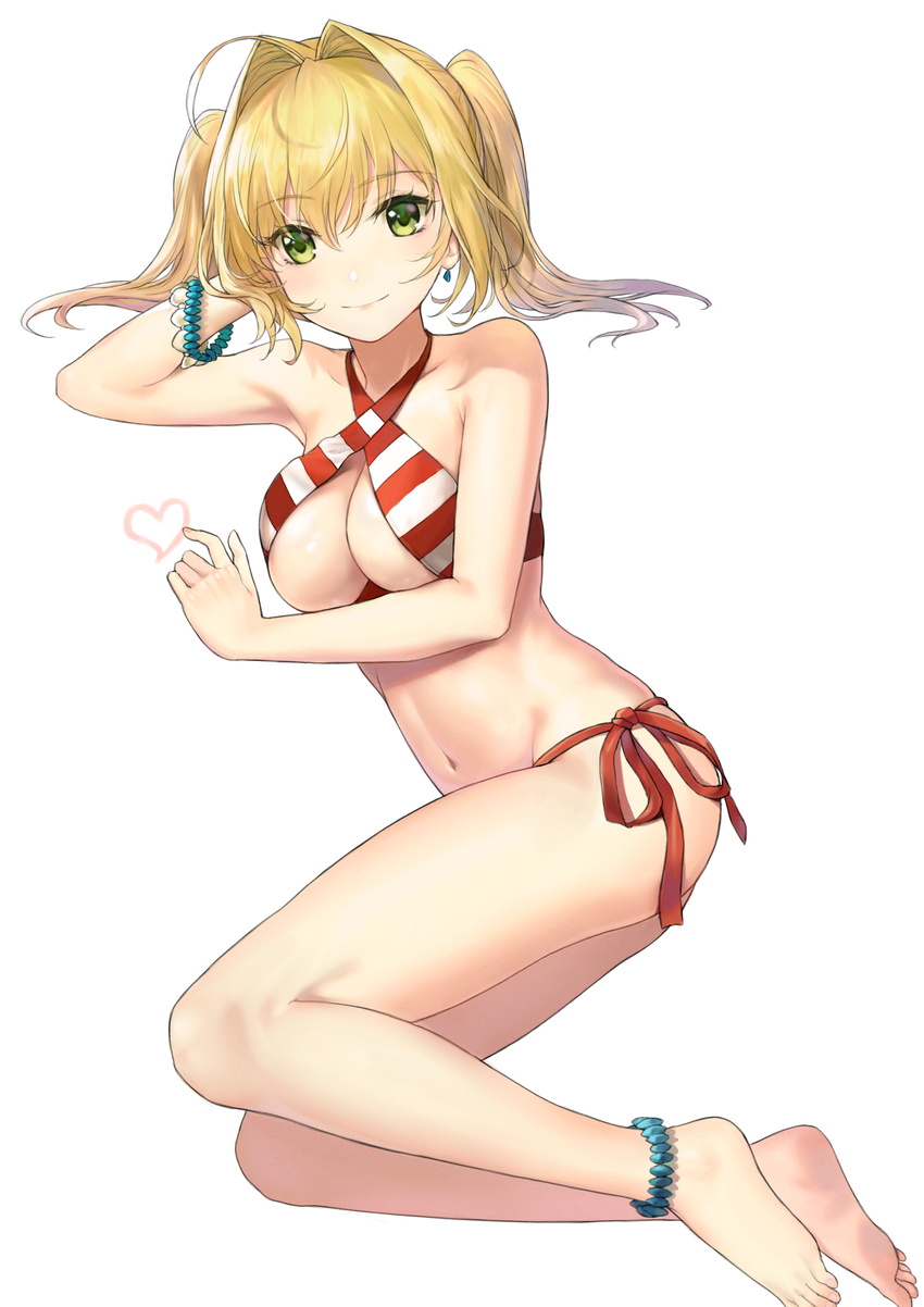 absurdres ahoge anklet bangs bare_arms bare_legs bare_shoulders barefoot bead_bracelet beads bikini blonde_hair blush bracelet breasts cleavage closed_mouth collarbone criss-cross_halter earrings eyebrows_visible_through_hair eyelashes fate/extra fate/grand_order fate_(series) feet full_body green_eyes groin hair_between_eyes hair_intakes halter_top halterneck hand_on_head head_rest heart highres jewelry large_breasts legs legs_together leon_v long_hair looking_at_viewer lying medium_breasts navel nero_claudius_(fate)_(all) nero_claudius_(swimsuit_caster)_(fate) on_side side-tie_bikini sidelocks smile soles solo stomach striped striped_bikini swimsuit toes twintails underboob