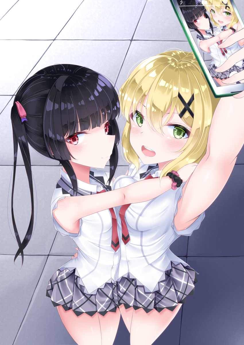 2girls akatsuki_kirika bare_shoulders black_hair blonde_hair blush breasts green_eyes hug looking_at_viewer medium_breasts multiple_girls open_mouth red_eyes school_uniform self_shot senki_zesshou_symphogear shikapiro skirt small_breasts tsukuyomi_shirabe