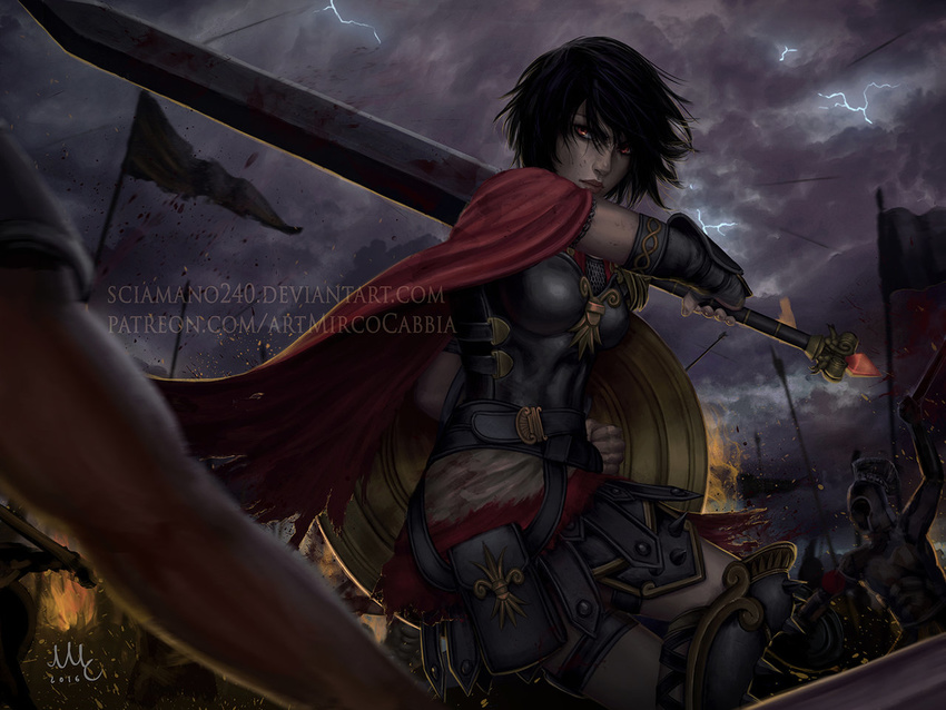 armor armored_boots artist_name bellona_(smite) belt black_hair boots cloud cloudy_sky dated electricity faceless faceless_male fire flag fur_trim realistic red_eyes sciamano240 shield sky smite solo_focus sword watermark weapon web_address