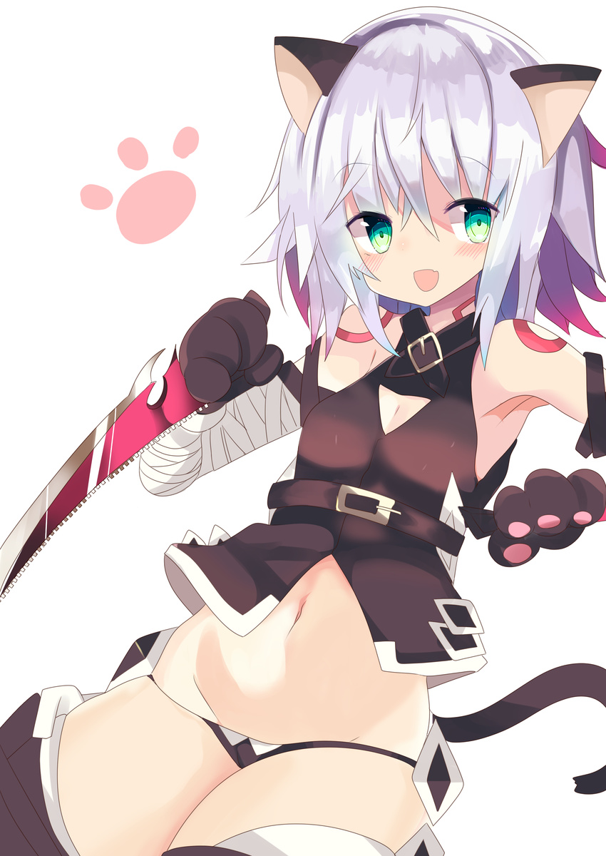 :d absurdres animal_ears armpits bandaged_arm bandages bangs belt black_belt blush cat_ears cowboy_shot eyebrows_visible_through_hair fate/apocrypha fate_(series) gloves green_eyes hair_between_eyes highres holding holding_weapon jack_the_ripper_(fate/apocrypha) looking_at_viewer navel open_mouth paw_gloves paw_print paws short_hair simple_background smile solo te_toga weapon white_background white_hair