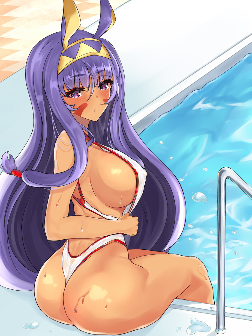 animal_ears ass backless_swimsuit bangs blush breasts covered_nipples dark_skin error_dot eyebrows_visible_through_hair facepaint facial_mark fate/grand_order fate_(series) hair_between_eyes headband highres jackal_ears large_breasts long_hair looking_at_viewer looking_back low-tied_long_hair nitocris_(fate/grand_order) nitocris_(swimsuit_assassin)_(fate) nose_blush one-piece_swimsuit pool poolside purple_eyes purple_hair sideboob sitting solo star star-shaped_pupils strap_gap swimsuit swimsuit_pull symbol-shaped_pupils thong very_long_hair water wet wet_clothes wet_swimsuit