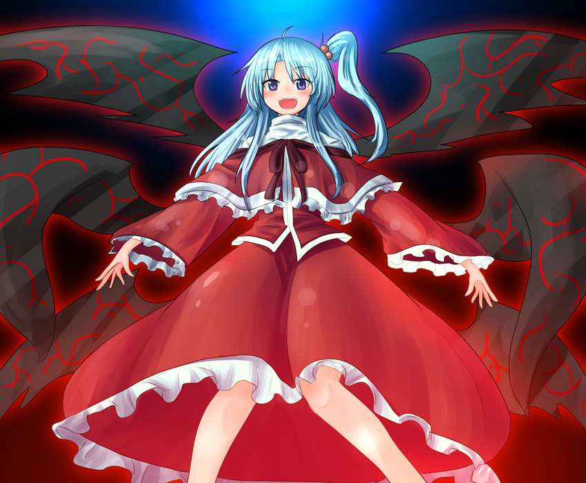 :d ahoge arms_at_sides blue_hair blush capelet commentary_request cowboy_shot demon_wings frilled_sleeves frills hair_bobbles hair_ornament highres long_sleeves looking_at_viewer multiple_wings open_mouth oshiaki purple_eyes red_capelet red_shirt red_skirt shinki shirt side_ponytail skirt skirt_set smile solo touhou touhou_(pc-98) wide_sleeves wings