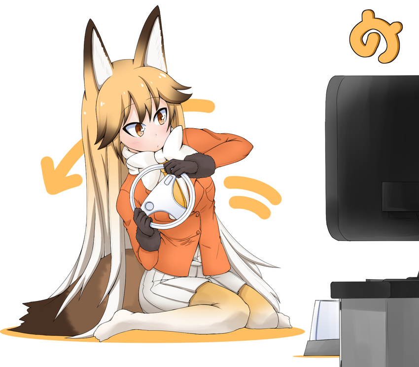 black_gloves blazer blonde_hair blush bow bowtie brown_hair closed_mouth directional_arrow eyebrows_visible_through_hair ezo_red_fox_(kemono_friends) fox_tail full_body fur_trim game_console gloves gradient_hair highres holding jacket japari_symbol kagura_roku kemono_friends leaning_to_the_side long_hair long_sleeves motion_lines multicolored_hair necktie no_shoes pantyhose playing_games pleated_skirt sitting skirt solo tail television very_long_hair wariza white_background white_bow white_hair white_neckwear white_skirt wii wii_racing_wheel yellow_neckwear
