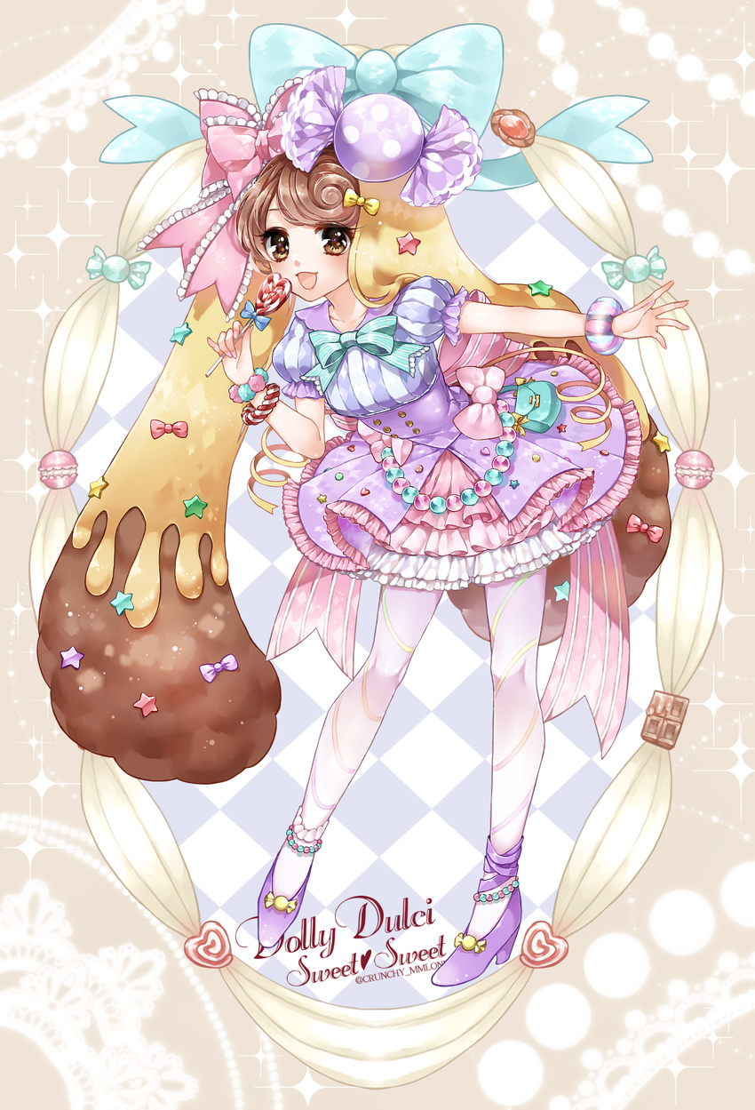 :d argyle argyle_background bad_id bad_pixiv_id bag bangle bangs blue_bow blush bow bracelet brown_eyes brown_hair candy candy_lapin_(show_by_rock!!) chino_machiko cookie dress english food food_themed_ornament frilled_bow frilled_sleeves frills group_name heart highres holding holding_food jewelry lace leaning_forward lollipop macaron open_mouth outstretched_arm pantyhose pink_bow puffy_short_sleeves puffy_sleeves purple_footwear shoes short_hair short_sleeves show_by_rock!! smile solo sparkle star swept_bangs twitter_username white_background wrapped_candy