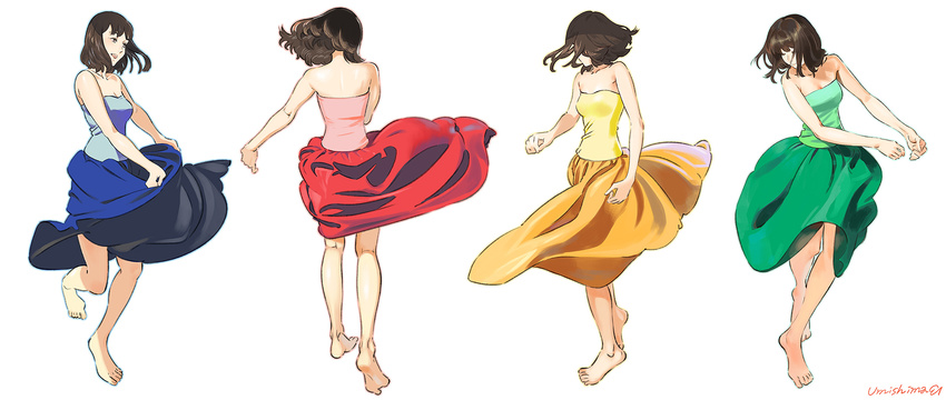 bare_arms bare_shoulders barefoot blue_dress breasts brown_eyes brown_hair commentary_request dancing dress full_body green_dress highres long_skirt medium_breasts multiple_views original red_dress short_hair signature simple_background skirt umishima_senbon white_background yellow_dress