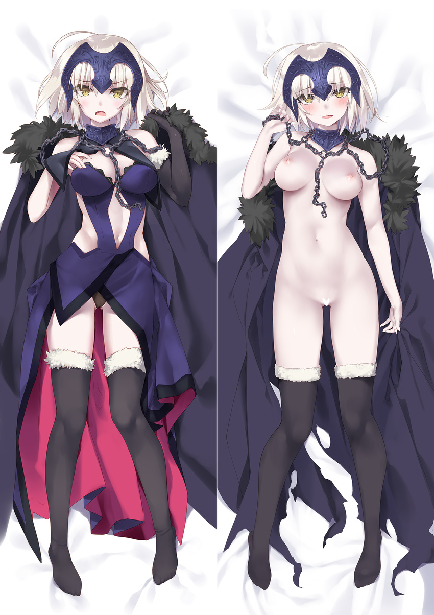 absurdres ahoge ass_visible_through_thighs black_gloves black_legwear black_panties blush breasts cameltoe cape cape_removed censored chain dakimakura dress elbow_gloves eyebrows_visible_through_hair fate/grand_order fate_(series) full_body fur_trim gloves headpiece heart heart_censor highres jeanne_d'arc_(alter)_(fate) jeanne_d'arc_(fate)_(all) large_breasts lying multiple_views navel nipples nude o-ring on_back open_mouth pale_skin panties platinum_blonde_hair purple_dress short_hair single_elbow_glove smile thighhighs tsurusaki_takahiro underwear wavy_mouth yellow_eyes