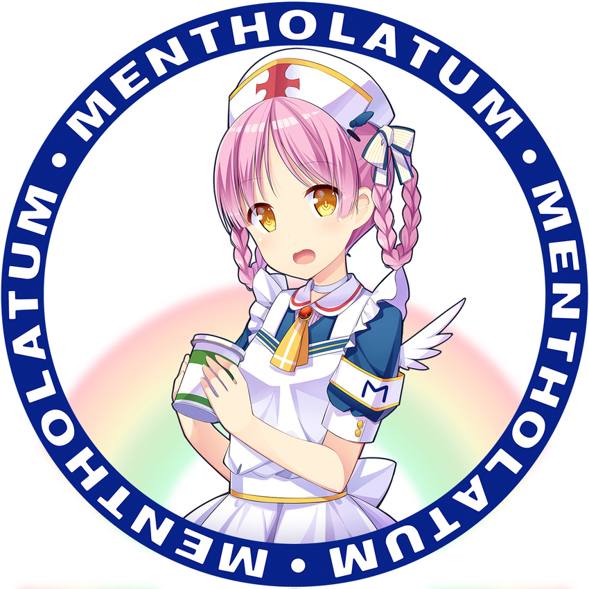 amemiya_ruki braid commentary_request hair_ribbon hair_rings hat highres holding little_nurse long_hair looking_at_viewer mentholatum nurse_cap open_mouth original pink_hair rainbow ribbon round_image short_sleeves solo twin_braids upper_body wings yellow_eyes