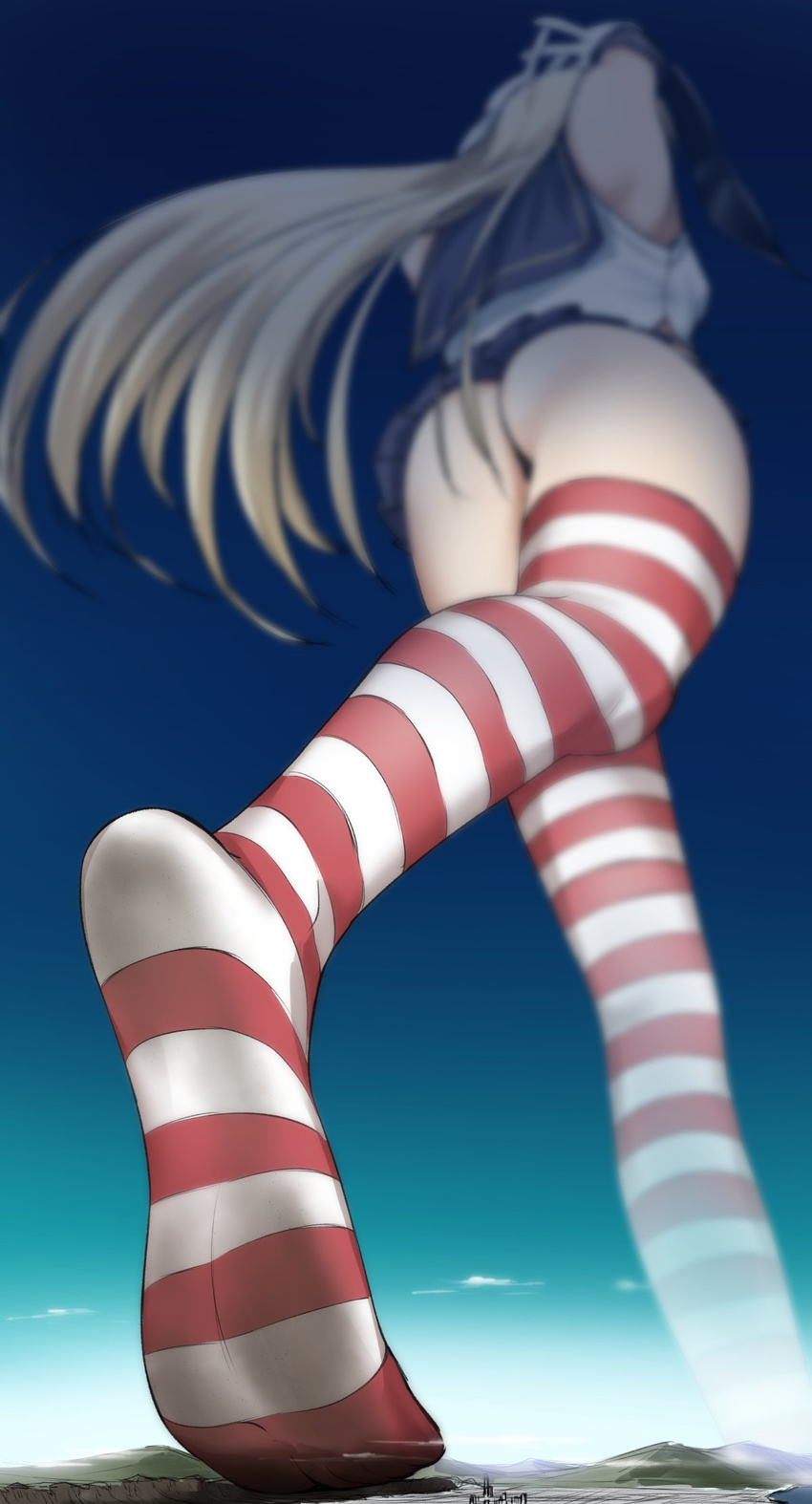 ass bare_arms black_panties blonde_hair blue_skirt blurry breasts city cloud depth_of_field destruction elbow_gloves feet fingers_together focused from_below giantess gloves hair_ribbon hands_above_head highres kantai_collection long_hair miniskirt mountain ocean panties pleated_skirt rakia_(ds00309) red_legwear ribbon sailor_collar shimakaze_(kantai_collection) skirt small_breasts soles solo striped striped_legwear thighhighs thong underwear white_gloves white_legwear