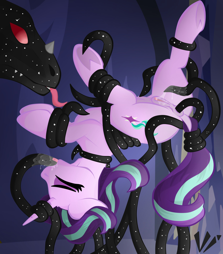2017 anal anal_penetration anus bound cave clitoral_winking clitoris cutie_mark dragon duo equine eyes_closed female feral forced friendship_is_magic hair horn inside mammal multicolored_hair my_little_pony penetration pussy pussy_juice starlight_glimmer_(mlp) tentacles tongue tongue_out two_tone_hair unicorn virenth