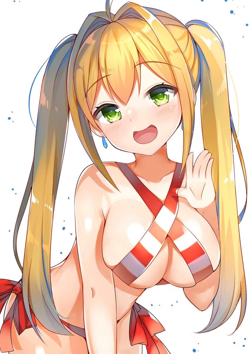 :d ahoge aozora_nan bangs bikini bikini_pull blush breasts cleavage collarbone commentary_request cowboy_shot criss-cross_halter eyebrows_visible_through_hair fate/grand_order fate_(series) green_eyes hair_intakes halterneck hand_up highres large_breasts leaning_forward long_hair looking_at_viewer nero_claudius_(fate)_(all) nero_claudius_(swimsuit_caster)_(fate) open_mouth red_bikini sidelocks simple_background skindentation smile solo striped striped_bikini swimsuit twintails waving white_background