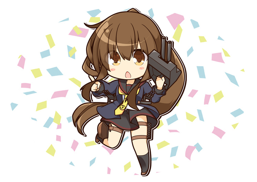 black_jacket black_legwear black_sailor_collar black_skirt brown_eyes brown_hair chestnut_mouth chibi commentary_request crescent crescent_moon_pin full_body fumizuki_(kantai_collection) jacket kantai_collection kisaragi_yuu_(re:lucks) long_hair machinery neckerchief ponytail remodel_(kantai_collection) sailor_collar school_uniform serafuku shirt skirt solo standing standing_on_one_leg white_shirt yellow_neckwear