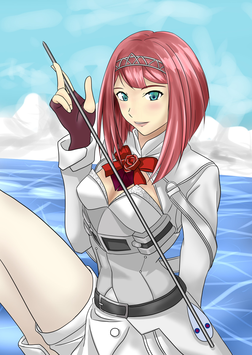 absurdres aqua_eyes ark_royal_(kantai_collection) arrow blush bob_cut bow breasts cloud corset day fingerless_gloves flower gloves highres himeneko holding_arrow kantai_collection leg_up looking_at_viewer ocean pantyhose parted_lips red_bow red_flower red_hair red_ribbon red_rose ribbon rose short_hair shorts showgirl_skirt small_breasts smile solo tiara white_legwear