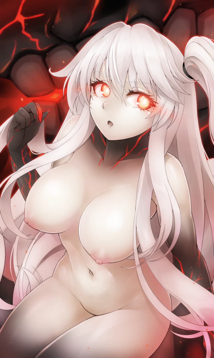 aircraft_carrier_hime arm_at_side bangs breasts collarbone cowboy_shot eyebrows_visible_through_hair eyelashes fingernails glowing glowing_eyes hair_between_eyes hair_ornament hair_tie hand_up highres kantai_collection large_breasts legs_together long_fingernails long_hair looking_at_viewer medium_breasts nail_polish navel nipples no_bra nude one_side_up open_mouth pale_skin pokke_(pokke-chan) red_eyes red_nails sharp_fingernails shinkaisei-kan sidelocks sitting solo stomach teeth veins very_long_hair white_hair white_skin