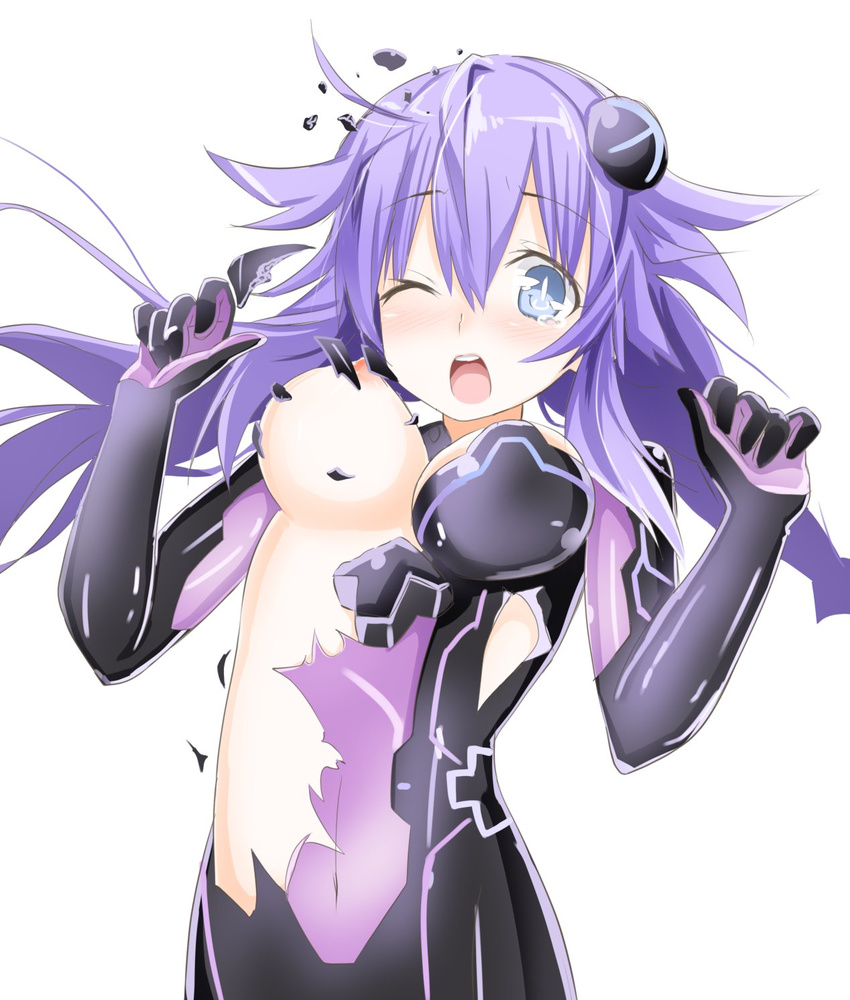 arms_up blue_eyes blush bodysuit braid breasts cleavage gloves hair_ornament highres leotard long_hair looking_at_viewer medium_breasts navel neptune_(series) nipples niwaka_potato one_eye_closed open_mouth purple_hair purple_heart simple_background solo symbol-shaped_pupils tears tied_hair torn_clothes twin_braids very_long_hair white_background