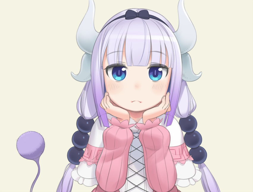 bangs beads black_hairband blue_eyes blunt_bangs capelet chin_rest cristalavi dragon_horns frilled_capelet frills hair_beads hair_ornament hairband hands_on_own_cheeks hands_on_own_face horns kanna_kamui kobayashi-san_chi_no_maidragon looking_at_viewer low_twintails silver_hair solo twintails upper_body