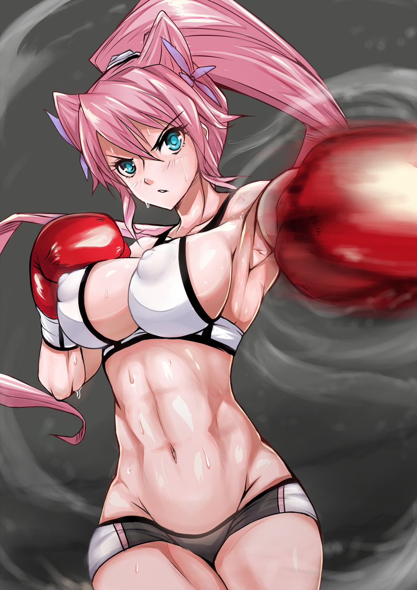 alternate_hairstyle armpits bike_shorts blue_eyes blush boxing_gloves breasts butterfly_hair_ornament covered_nipples groin hair_ornament highres large_breasts long_hair maria_cadenzavna_eve midriff muscle muscular_female navel nonoririn parted_lips pink pink_hair ponytail puffy_nipples senki_zesshou_symphogear shorts sideboob solo sports_bra sweat
