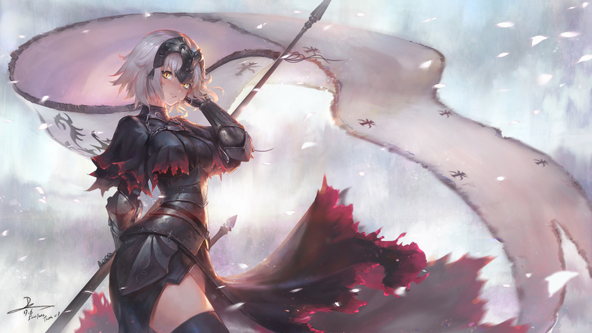 armor armored_dress cape duan_henglong fate/apocrypha fate/grand_order fate_(series) hand_in_hair headphones highres jeanne_d'arc_(alter)_(fate) jeanne_d'arc_(fate)_(all) looking_at_viewer short_hair signature silver_hair smile solo standard_bearer thighhighs thighs torn_cape yellow_eyes