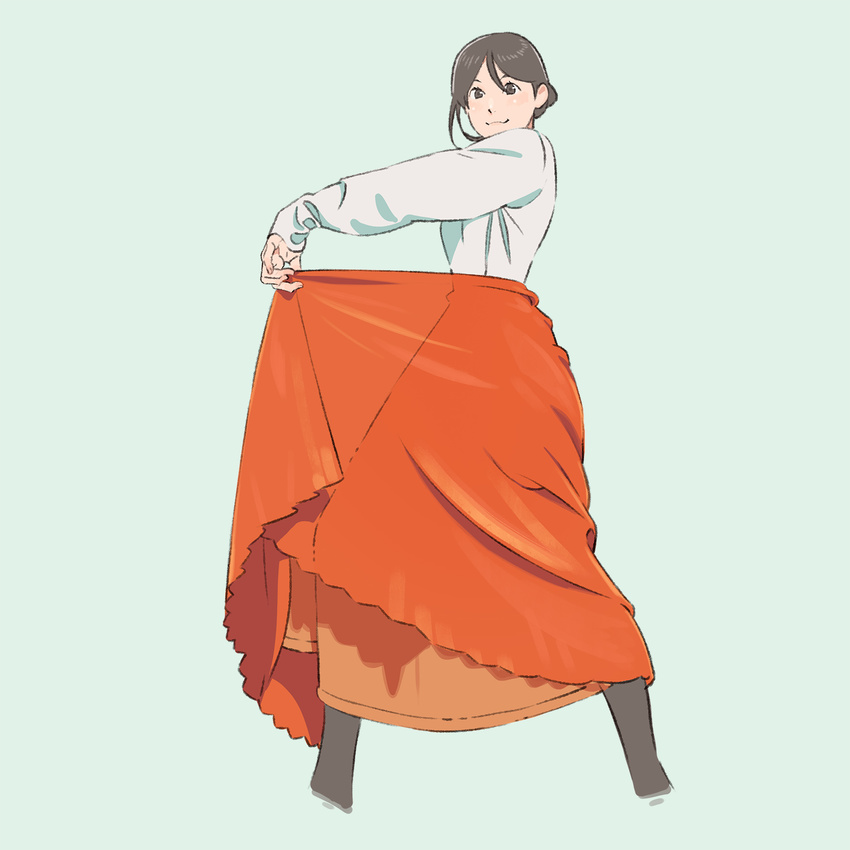:3 black_eyes black_hair black_legwear blouse blue_background closed_mouth commentary cropped_legs highres long_skirt long_sleeves looking_at_viewer orange_skirt original pantyhose simple_background skirt skirt_hold smile solo standing umishima_senbon white_blouse