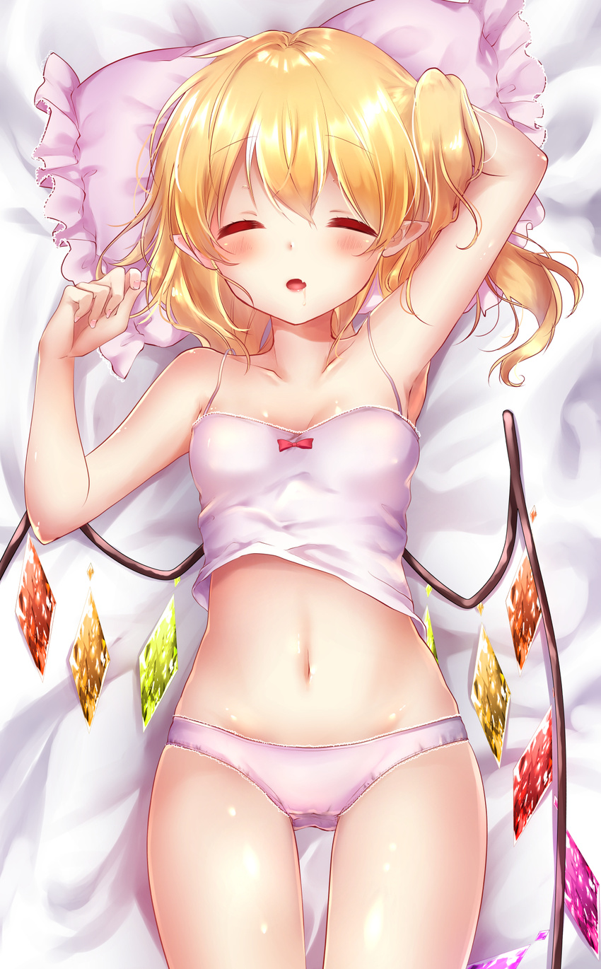 armpits bad_id bad_pixiv_id bare_arms bare_legs bed_sheet blonde_hair camisole closed_eyes drooling flandre_scarlet highres lying navel on_back panties pillow pink_panties pointy_ears saliva shanghai_bisu side_ponytail sleeping solo stomach touhou underwear underwear_only wings