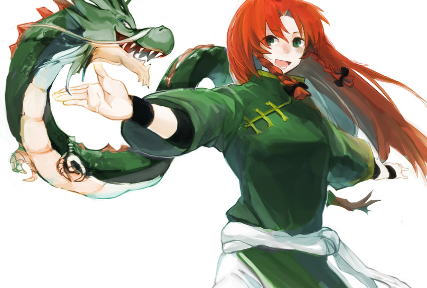 alternate_costume bad_id bad_pixiv_id braid chinese_clothes dragon eastern_dragon green_eyes henpei_saboten highres hong_meiling long_hair looking_at_viewer open_mouth outstretched_arms red_hair smile touhou twin_braids white_background