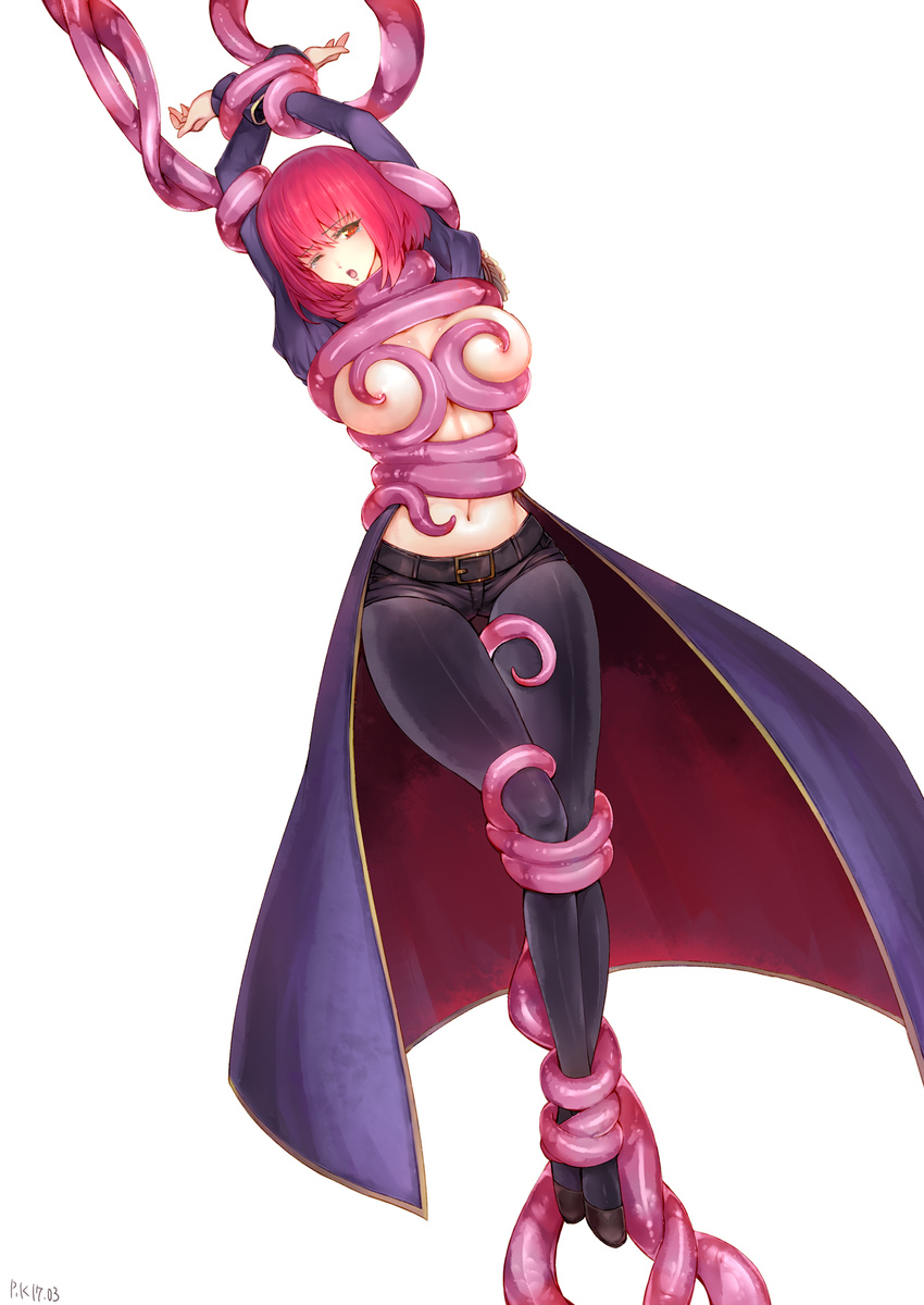 arms_up ass_visible_through_thighs belt black_pants bound bound_legs bound_wrists breasts coat dungeon_and_fighter full_body highres large_breasts lenny_(dungeon_and_fighter) long_hair long_sleeves looking_at_viewer navel nipple_tweak nipples pants pink_hair pukel red_eyes restrained shirt_lift short_hair solo suspension tentacles thigh_gap white_background