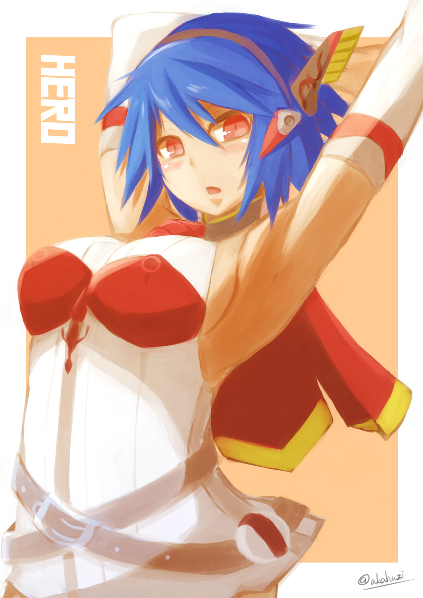absurdres akahuzi armpits arms_up artist_name bad_id bad_pixiv_id blue_hair blush elbow_gloves gloves highres looking_at_viewer parted_lips phantasy_star phantasy_star_online_2 red_eyes short_hair solo stratos_(pso2) twitter_username upper_body white_gloves