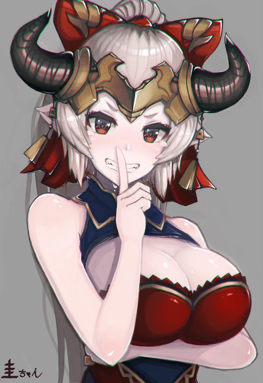 aliza_(granblue_fantasy) bare_shoulders blush bow breast_hold breasts cleavage cleavage_cutout draph dress ex_keichan finger_to_mouth granblue_fantasy grey_background grin hair_bow hair_pulled_back hand_up headpiece highres horns index_finger_raised large_breasts long_hair looking_at_viewer pointy_ears ponytail red_bow red_dress red_eyes shushing sidelocks signature silver_hair simple_background smile solo tearing_up