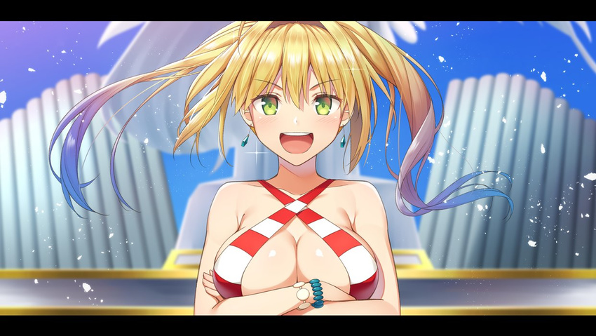 ahoge bikini blonde_hair blush breasts cleavage criss-cross_halter crossed_arms fate/grand_order fate_(series) green_eyes hair_intakes halterneck large_breasts letterboxed long_hair looking_at_viewer nero_claudius_(fate)_(all) nero_claudius_(swimsuit_caster)_(fate) open_mouth smile solo striped striped_bikini swimsuit twintails umihotaru_harumare