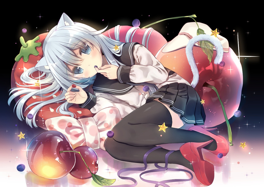 animal_ears black_legwear black_skirt blue_eyes blue_hair cat_ears cat_tail eyebrows_visible_through_hair food hat hat_removed headwear_removed hibiki_(kantai_collection) high_heels holding holding_food kantai_collection long_hair long_sleeves looking_at_viewer lying mitsuki_ponzu on_side skirt solo tail thighhighs verniy_(kantai_collection) white_hat