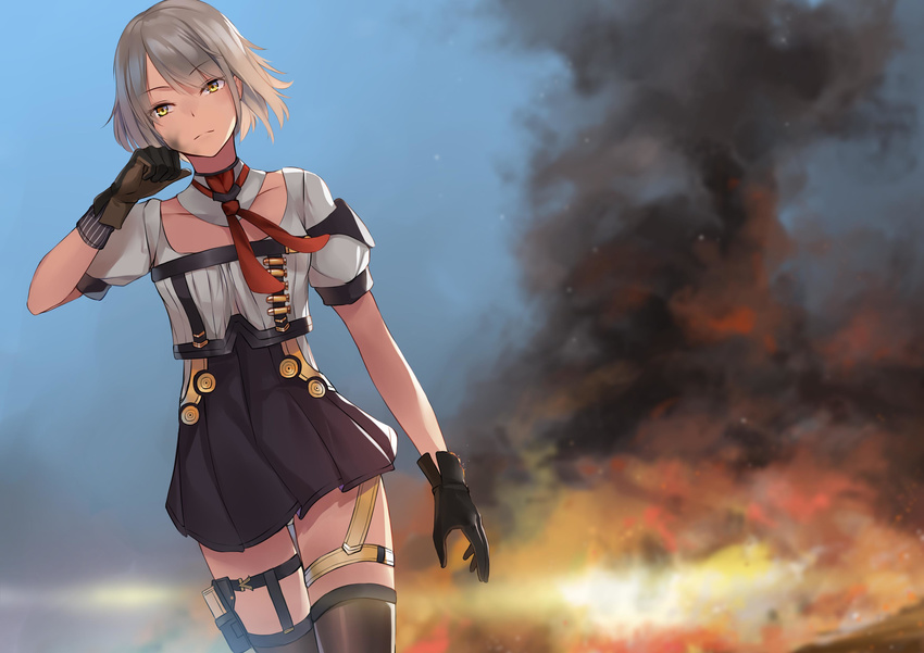 absurdres black_gloves breasts closed_mouth collarbone eyebrows_visible_through_hair fire girls_frontline gloves grey_hair highres ina_(inadiary) large_breasts looking_away short_hair solo vector_(girls_frontline) yellow_eyes