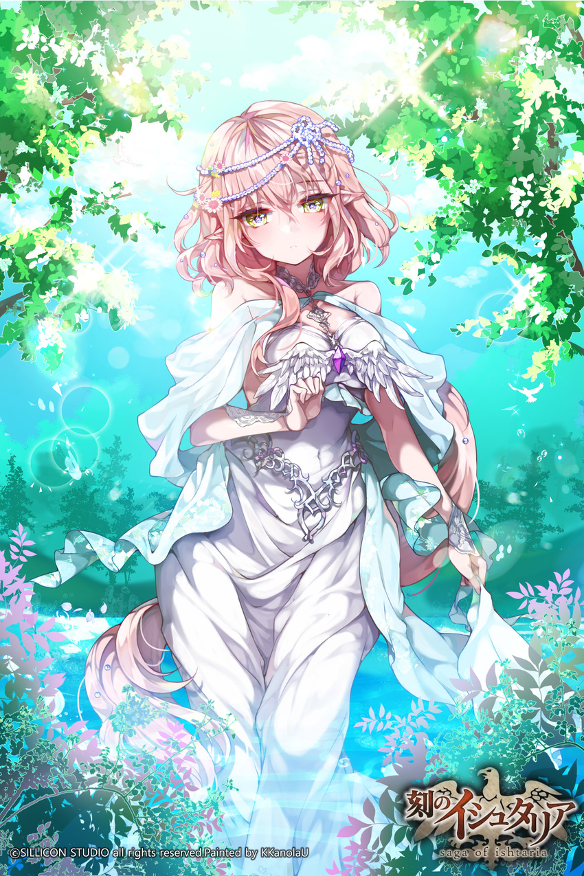 absurdres age_of_ishtaria beads copyright_name day dress gem hair_beads hair_ornament highres jewelry kanola_u long_hair looking_at_viewer necklace official_art original outdoors parted_lips pink_hair pointy_ears solo very_long_hair wading water white_dress yellow_eyes