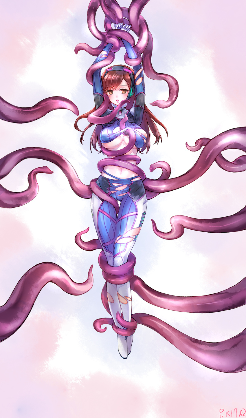 absurdres arms_up bangs blush bodysuit bound bound_legs bound_wrists breasts brown_hair cameltoe d.va_(overwatch) dated facepaint full_body gloves headset highres large_breasts long_hair looking_at_viewer overwatch pilot_suit pukel restrained ribbed_bodysuit signature solo suspension tears tentacles thigh_gap torn_bodysuit torn_clothes underboob white_gloves