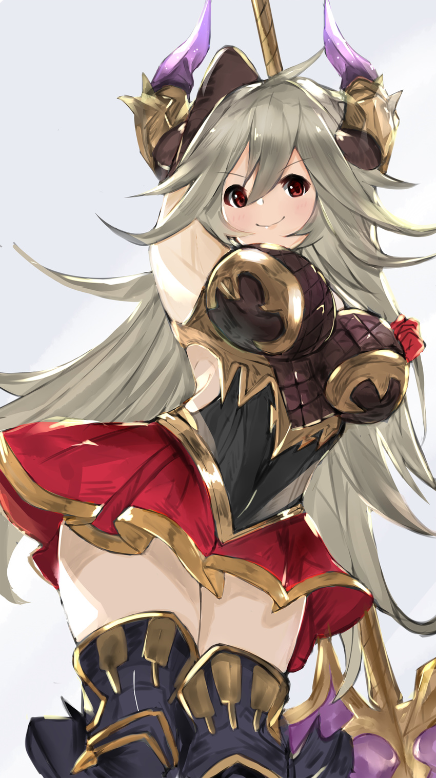 ahoge arm_up armpits axe black_legwear blush breastplate breasts draph granblue_fantasy greaves grey_hair hair_between_eyes highres hips horns large_breasts long_hair looking_at_viewer nemun_(tamizzz) perky_breasts red_eyes red_skirt skirt smile solo thalatha_(granblue_fantasy) thighhighs thighs very_long_hair weapon zettai_ryouiki