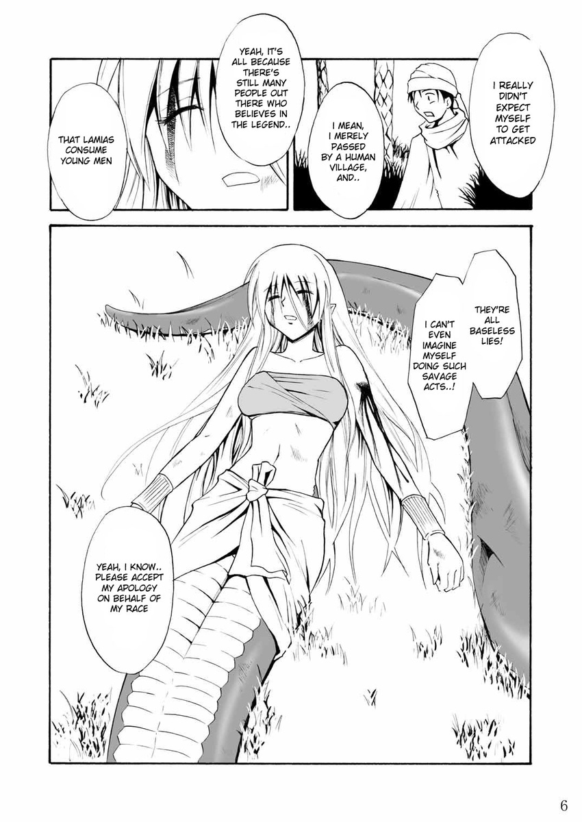animal_humanoid big_breasts blood breasts clothed clothing comic doujinshi female greyscale hair hi_res human humanoid lamia lying male mammal monochrome monster_girl_(genre) reptile scales scalie snake unknown_artist wounded