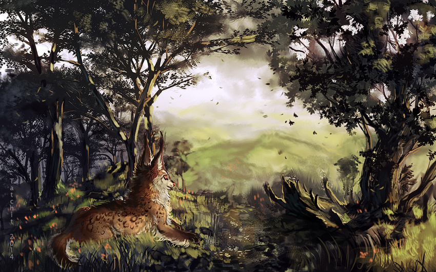 ambiguous_gender brown_fur day detailed_background feline feral fur grass lying lynx mammal outside sky solo tatchit tree