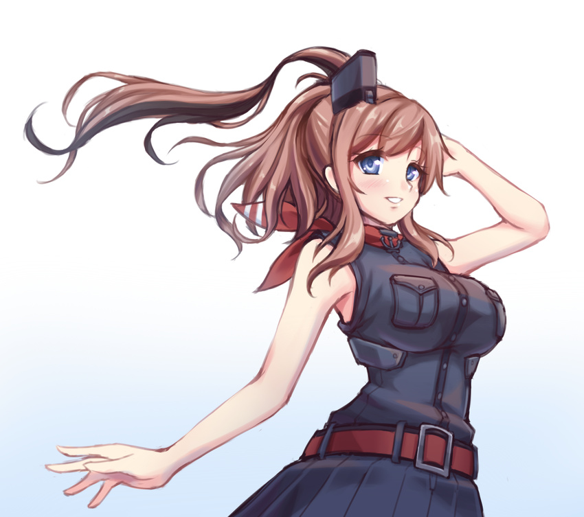 anchor belt black_dress blue_eyes breast_pocket breasts brown_hair dress highres kantai_collection large_breasts long_hair looking_at_viewer neckerchief parted_lips pocket ponytail red_belt red_neckwear remodel_(kantai_collection) saratoga_(kantai_collection) shokuane side_ponytail sidelocks simple_background smile solo upper_body white_background