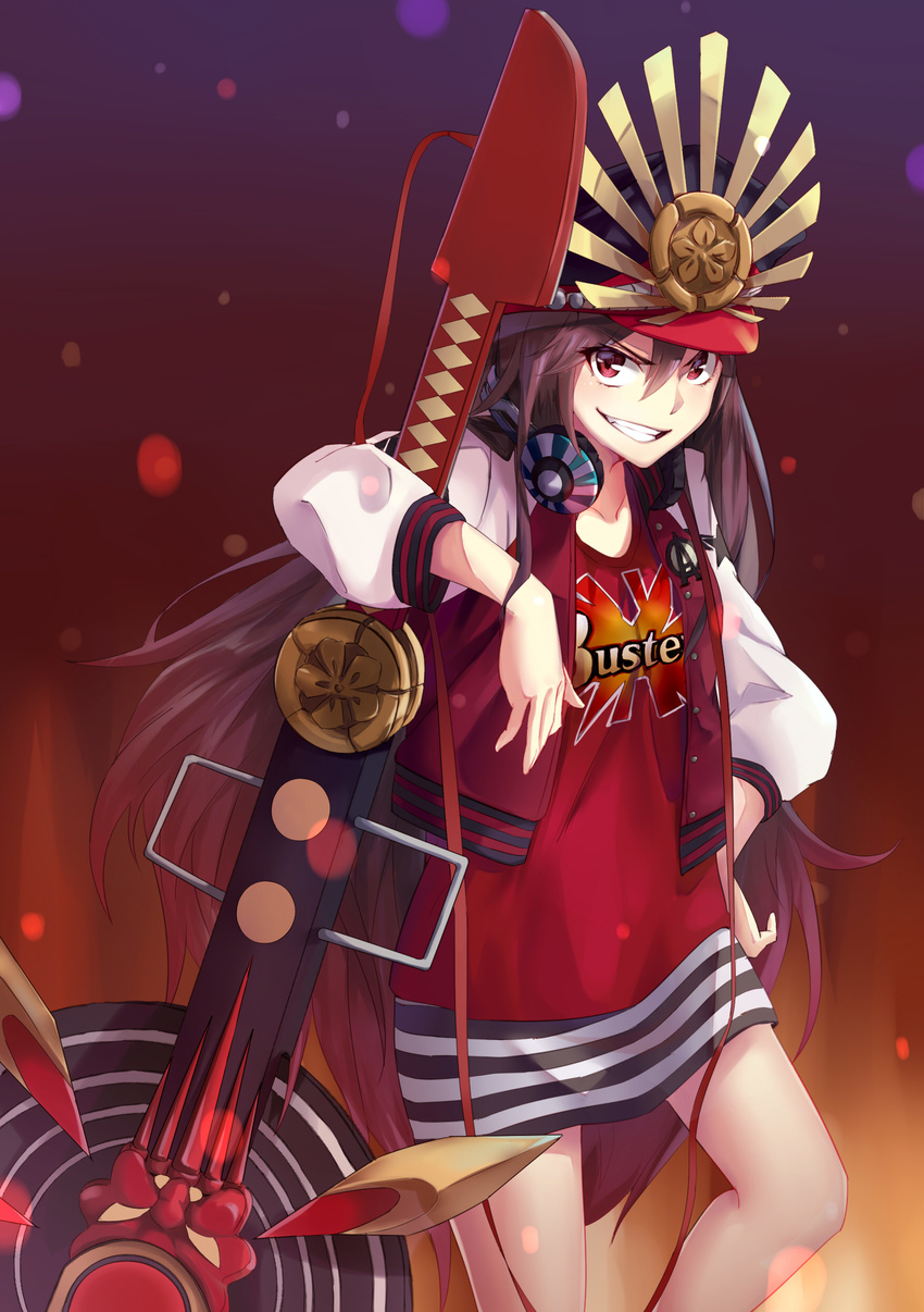 &gt;:) absurdres bangs black_hair black_skirt buster_shirt commentary_request fate/grand_order fate_(series) grin hair_between_eyes hat highres holding holding_instrument instrument jacket letterman_jacket long_hair looking_at_viewer migimura_sakimori military_hat oda_nobunaga_(fate) oda_nobunaga_(swimsuit_berserker)_(fate) open_clothes open_jacket peaked_cap red_eyes red_shirt shirt skirt smile solo striped striped_skirt t-shirt teeth tsurime v-shaped_eyebrows white_skirt