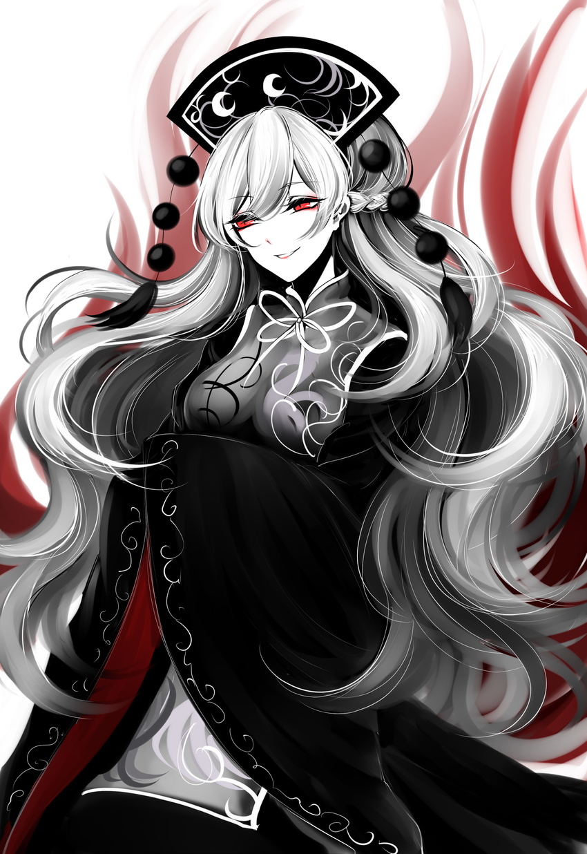 absurdres braid chinese_clothes french_braid headdress highres junko_(touhou) limited_palette long_hair long_sleeves monochrome parted_lips pom_pom_(clothes) red_eyes sheya smile solo spot_color tabard touhou very_long_hair wide_sleeves