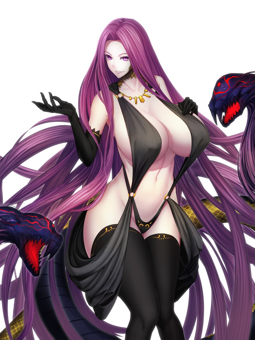 absurdly_long_hair bare_shoulders black_gloves black_legwear black_swimsuit breasts claws cleavage covered_nipples cowboy_shot curvy elbow_gloves fate/grand_order fate_(series) formal gloves gold_necklace gorgon_(fate) halterneck highres huge_breasts jewelry lips long_hair looking_at_viewer midriff minami_koyogi monster_girl navel necklace o-ring o-ring_bikini purple_eyes purple_hair rider scales simple_background slingshot_swimsuit smile snake solo swimsuit tail teeth thick_thighs thighhighs thighs very_long_hair white_background wide_hips