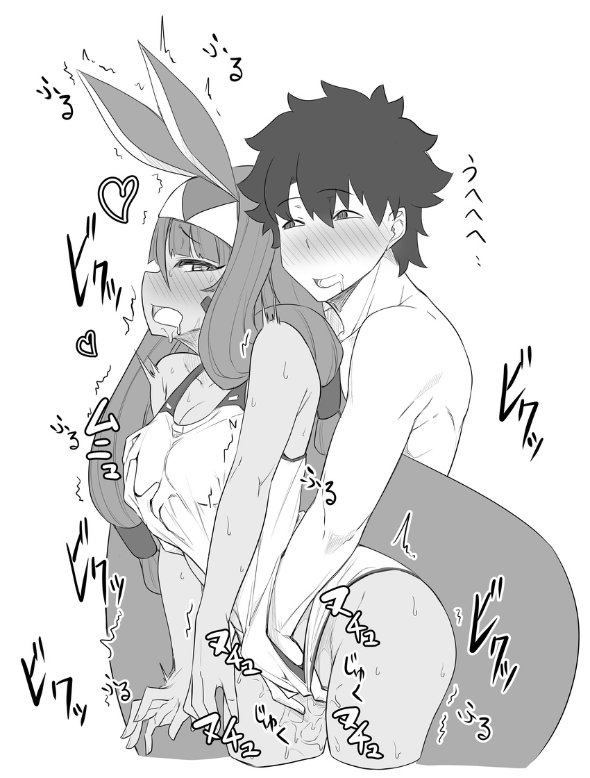 1girl absurdres araki_jeccy blush competition_swimsuit dark_skin drooling fate/grand_order fate_(series) fingering fujimaru_ritsuka_(male) greyscale groping heart hetero highres long_hair monochrome nitocris_(fate/grand_order) nitocris_(swimsuit_assassin)_(fate) one-piece_swimsuit pervert pussy_juice short_hair swimsuit