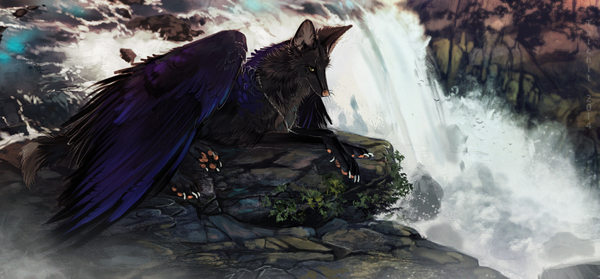 ambiguous_gender black_fur canine day detailed_background feathered_wings feathers feral fur hybrid mammal outside purple_feathers rock tatchit waterfall wings wolf yellow_eyes