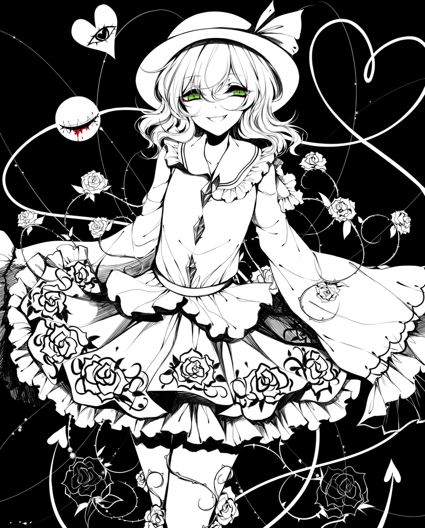 :d absurdres black_background blood bow collarbone cowboy_shot floral_print flower frills green_eyes hat heart heart_of_string highres komeiji_koishi limited_palette long_sleeves looking_at_viewer open_mouth petticoat rose sheya shirt short_hair skirt sleeves_past_wrists smile solo stitches third_eye touhou wide_sleeves