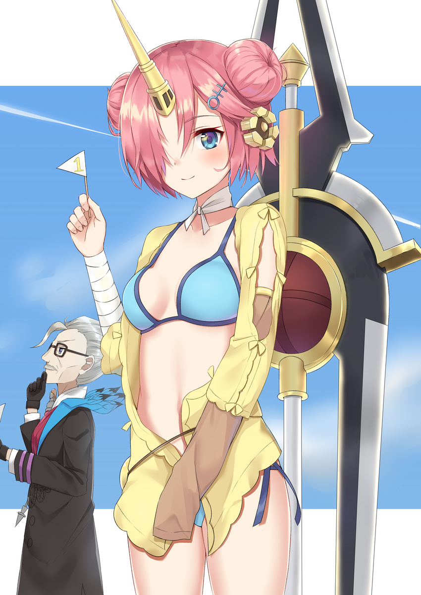 1girl bikini blue_bikini blue_eyes blush breasts cape character_request cleavage closed_mouth collarbone double_bun eyebrows_visible_through_hair fate/apocrypha fate/grand_order fate_(series) flag frankenstein's_monster_(fate) frankenstein's_monster_(swimsuit_saber)_(fate) glasses hair_ornament hair_over_one_eye hairclip highres holding holding_flag horn james_moriarty_(fate/grand_order) looking_at_viewer looking_away medium_breasts navel old_man pink_hair ribbon short_hair smile swimsuit yukarite