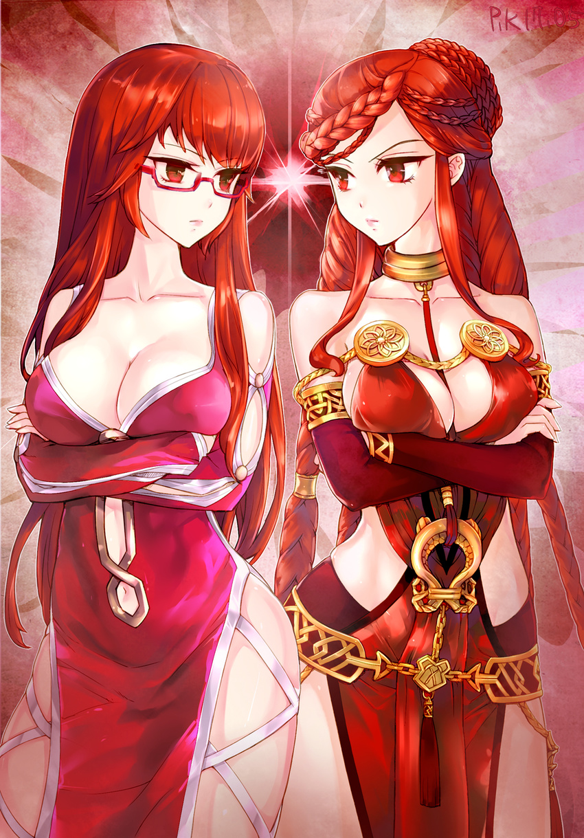 armlet artist_name bare_shoulders between_breasts braid breast_hold breasts cleavage collar contrapposto cowboy_shot crossed_arms dated detached_sleeves dirjiland_(mabinogi) dress drill_hair eye_contact glasses gold highres hips large_breasts long_hair looking_at_another mabinogi macha_(mabinogi) multiple_braids multiple_girls navel navel_cutout pelvic_curtain pukel red-framed_eyewear red_dress red_eyes red_hair semi-rimless_eyewear side_slit skindentation standing stare_down under-rim_eyewear very_long_hair