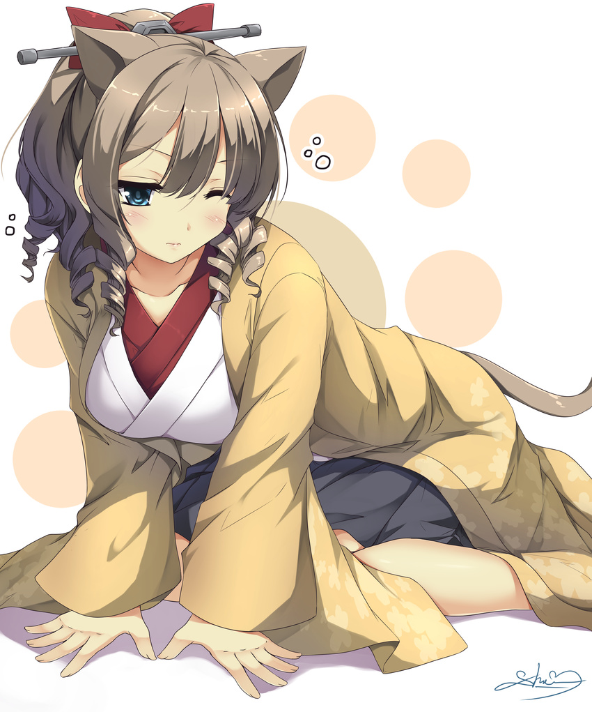 3; absurdres all_fours animal_ears blue_eyes blush bow breasts brown_hair cat_ears cat_tail commentary drill_hair feet_out_of_frame hair_between_eyes hair_bow hatakaze_(kantai_collection) high_ponytail highres japanese_clothes kantai_collection kemonomimi_mode kimono large_breasts one_eye_closed red_bow sheita short_ponytail sleepy solo tail v-shaped_eyebrows
