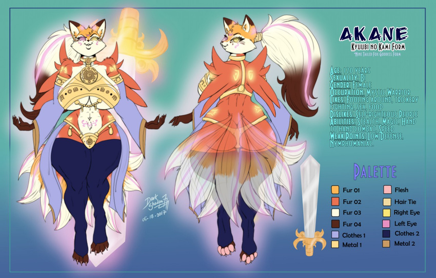 2017 akane_(candescence) anthro armor big_breasts big_butt breasts butt candescence canine clothing darkshadow777 digital_media_(artwork) dipstick_tail female fox fur gloves_(marking) heterochromia huge_breasts huge_butt jewlery mammal markings melee_weapon model_sheet multi_tail multicolored_tail navel nine_tailed_fox orange_fur ponytail pussy socks_(marking) solo sword thick_thighs voluptuous weapon wide_hips